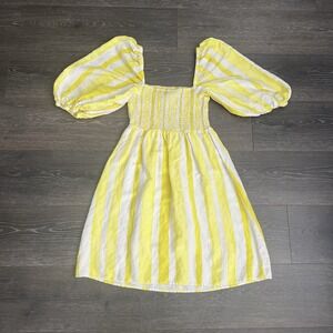 Tuckenuck‎ Annie Smocked Mini Dress Yellow White Balloon Sleeve Boho Peasant